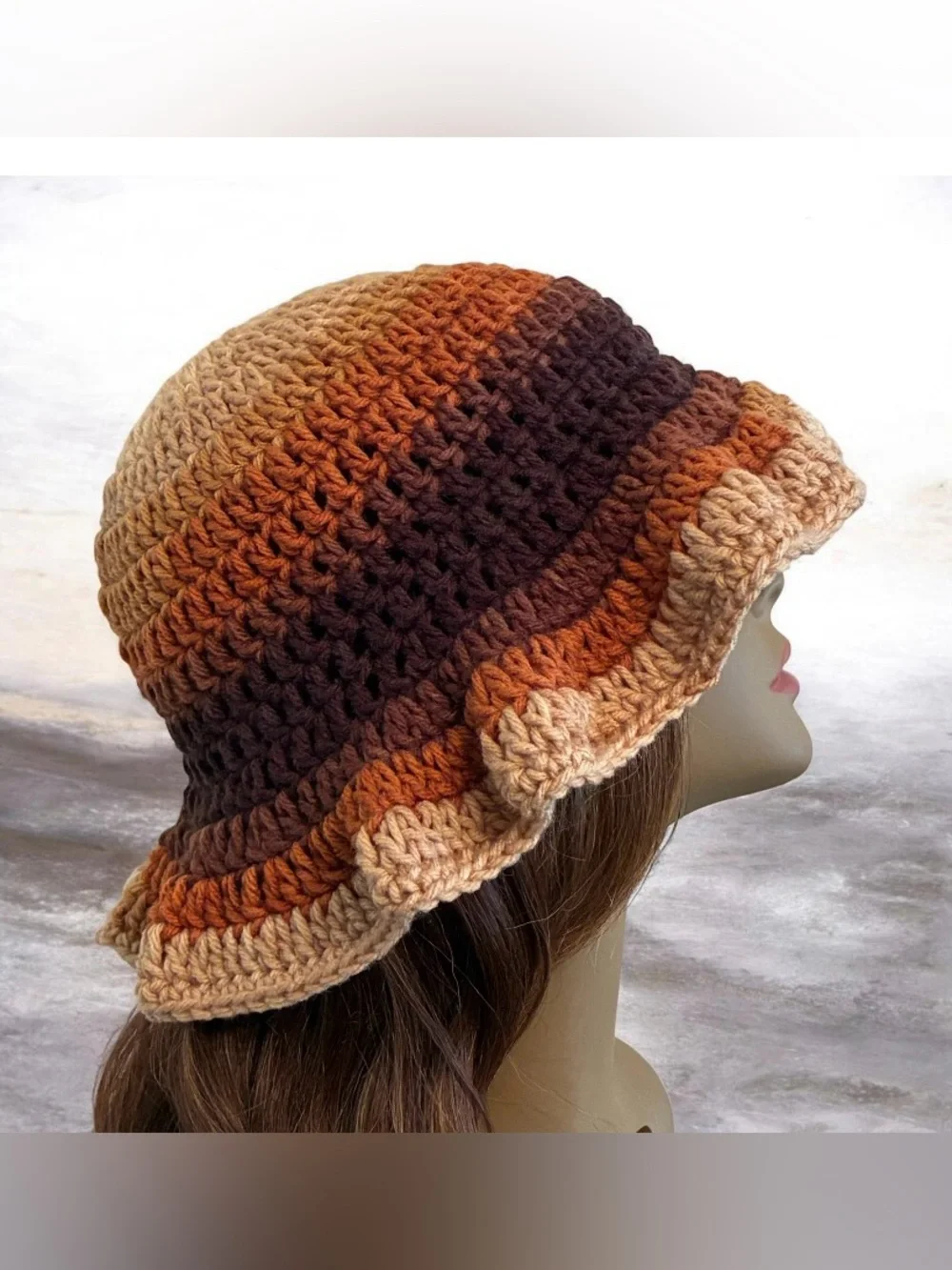 Handmade Crochet Ruffled Bucket Hat - Brown Multi - Picture 2 of 4
